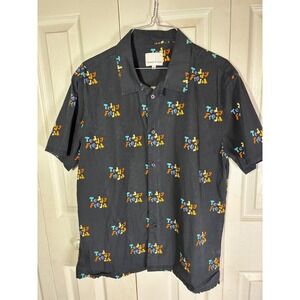 Teddy Fresh Button Down Shirt Men's Medium Black Multi Logo‎ Print Short Sleeve